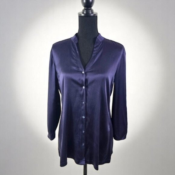Eileen Fisher Tops - Eileen Fisher Satin Button Blouse | Deep Navy Minimalist XS